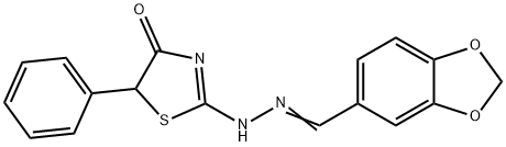 2-(N-Benzo[1,3]dioxol-5-ylmethylene-hydrazino)-5-phenyl-thiazol-4-one Struktur