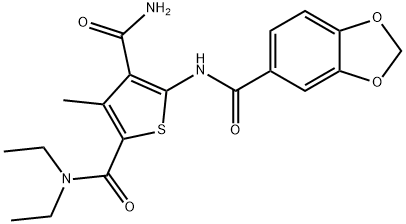 5-(1,3-benzodioxole-5-carbonylamino)-2-N,2-N-diethyl-3-methylthiophene-2,4-dicarboxamide Struktur