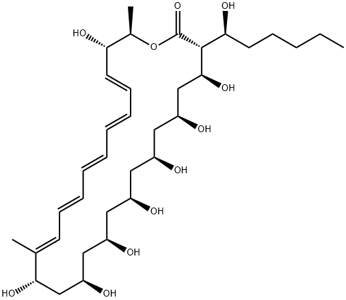 Oxacyclooctacosa-17,19,21,23,25-pentaen-2-one, 4,6,8,10,12,14,16,27-octahydroxy-3-[(1S)-1-hydroxyhexyl]-17,28-dimethyl-, (3R,4S,6S,8S,10R,12R,14R,16S,17E,19E,21E,23E,25E,27S,28R)- Struktur