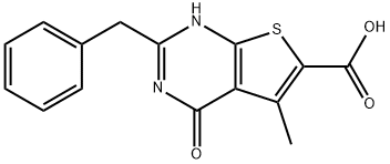 2-benzyl-5-methyl-4-oxo-3H,4H-thieno[2,3-d]pyrimidine-6-carboxylic acid Struktur