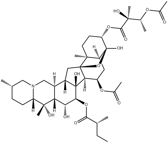 4α,9-Epoxycevane-3β,4,7α,14,15α,16β,20-heptol 7-acetate 3-[(2S,3R)-3-acetoxy-2-hydroxy-2-methylbutanoate]15-[(R)-2-methylbutanoate] Struktur