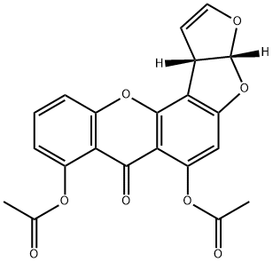 (3aR,12cS)-3a,12c-Dihydro-6,8-dihydroxy-7H-furo[3',2':4,5]furo[2,3-c]xanthene-7-one=diacetate Struktur