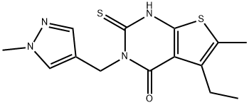 5-ethyl-6-methyl-3-[(1-methylpyrazol-4-yl)methyl]-2-sulfanylidene-1H-thieno[2,3-d]pyrimidin-4-one Struktur