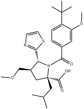 (4R,5R)-2-Isobutyl-4-(methoxymethyl)-1-[3-methoxy-4-(2-methyl-2-propanyl)benzoyl]-5-(1,3-thiazol-2-yl)-L-proline Struktur