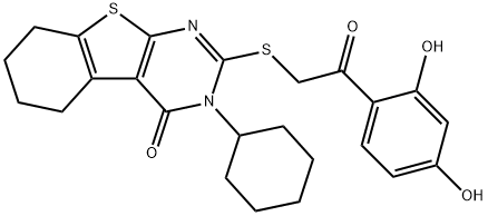 3-cyclohexyl-2-[2-(2,4-dihydroxyphenyl)-2-oxoethyl]sulfanyl-5,6,7,8-tetrahydro-[1]benzothiolo[2,3-d]pyrimidin-4-one Struktur