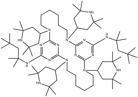 2,9,11,13,15,22,24,26,27,28-Decaazatricyclo21.3.1.110,14octacosa-1(27),10,12,14(28),23,25-hexaene-12,25-diamine, N,N-bis(1,1,3,3-tetramethylbutyl)-2,9,15,22-tetrakis(2,2,6,6-tetramethyl-4-piperidinyl)- Struktur
