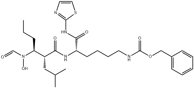 Carbamic acid, N-[(5S)-5-[[(2R,3S)-3-(formylhydroxyamino)-2-(2-methylpropyl)-1-oxohexyl]amino]-6-oxo-6-(2-thiazolylamino)hexyl]-, phenylmethyl ester Struktur