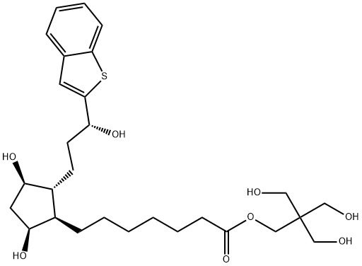 Cyclopentaneheptanoic acid, 2-[(3R)-3-benzo[b]thien-2-yl-3-hydroxypropyl]-3,5-dihydroxy-, 3-hydroxy-2,2-bis(hydroxymethyl)propyl ester, (1R,2R,3R,5S)- Struktur