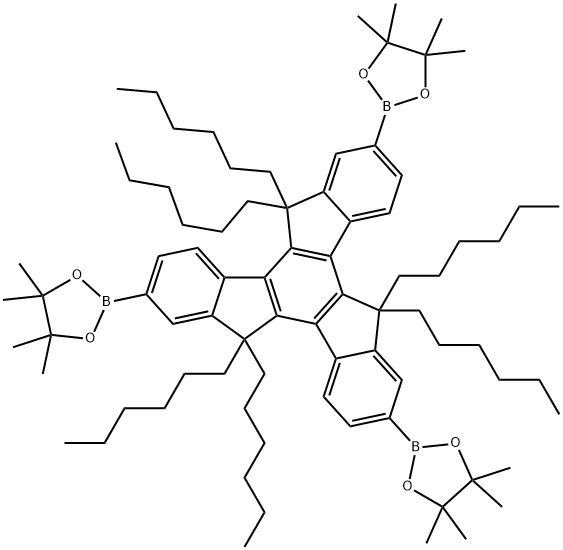 2,2',2''-(5,5,10,10,15,15-hexahexyl-10,15-dihydro-5H-diindeno[1,2-a:1',2'-c]fluorene-2,7,12-triyl)tris(4,4,5,5-tetramethyl-1,3,2-dioxaborolane) Struktur