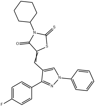 (5Z)-3-cyclohexyl-5-[[3-(4-fluorophenyl)-1-phenylpyrazol-4-yl]methylidene]-2-sulfanylidene-1,3-thiazolidin-4-one Struktur