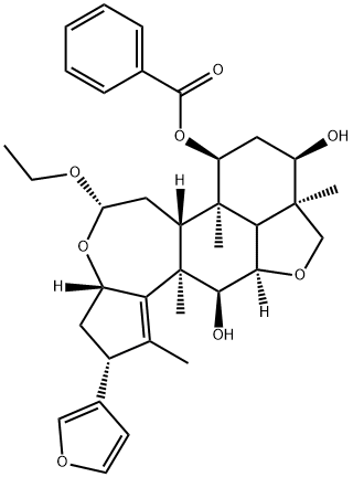 2H,5H-Cyclopent[a]isobenzofuro[7,1-gh][3]benzoxepin-7,9,12-triol, 5-ethoxy-2-(3-furanyl)-3,3a,5,6,6a,6b,7,8,9,9a,10,11a,12,12a-tetradecahydro-1,6b,9a,12a-tetramethyl-, 7-benzoate, (2R,3aS,5S,6aR,6bR,7S,9R,9aR,11aR,12S,12aR)- Struktur