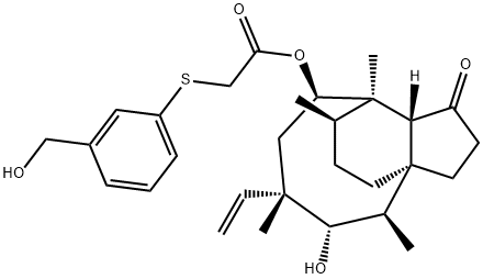 Acetic acid, 2-[[3-(hydroxymethyl)phenyl]thio]-, (3aS,4R,5S,6S,8R,9R,9aR,10R)-6-ethenyldecahydro-5-hydroxy-4,6,9,10-tetramethyl-1-oxo-3a,9-propano-3aH-cyclopentacycloocten-8-yl ester Struktur