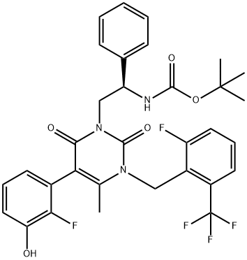 Carbamic acid, N-[(1R)-2-[5-(2-fluoro-3-hydroxyphenyl)-3-[[2-fluoro-6-(trifluoromethyl)phenyl]methyl]-3,6-dihydro-4-methyl-2,6-dioxo-1(2H)-pyrimidinyl]-1-phenylethyl]-, 1,1-dimethylethyl ester Struktur