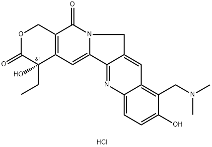 1H-Pyrano[3',4':6,7]indolizino[1,2-b]quinoline-3,14(4H,12H)-dione, 10-[(dimethylamino)methyl]-4-ethyl-4,9-dihydroxy-, hydrochloride (1:), (4S)- Struktur