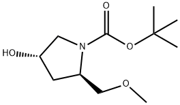 1-Pyrrolidinecarboxylic acid, 4-hydroxy-2-(methoxymethyl)-, 1,1-dimethylethyl ester, (2R,4S)- Struktur