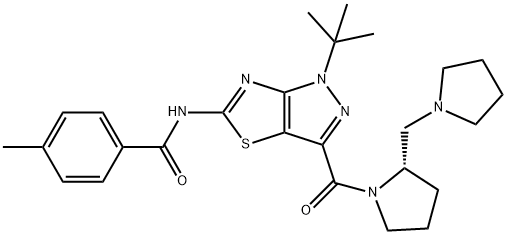 Benzamide, N-[1-(1,1-dimethylethyl)-3-[[(2S)-2-(1-pyrrolidinylmethyl)-1-pyrrolidinyl]carbonyl]-1H-pyrazolo[3,4-d]thiazol-5-yl]-4-methyl- Struktur