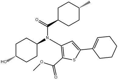 5-Cyclohex-1-enyl-3-[(trans-4-hydroxy-cyclohexyl)-(trans-4-methyl-cyclohexanecarbonyl)-amino]-thiophene-2-carboxylic acid methyl ester Struktur