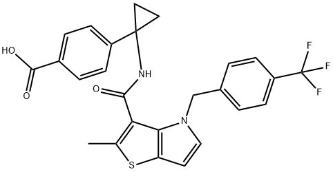 Benzoic acid, 4-[1-[[[2-methyl-4-[[4-(trifluoromethyl)phenyl]methyl]-4H-thieno[3,2-b]pyrrol-3-yl]carbonyl]amino]cyclopropyl]- Struktur