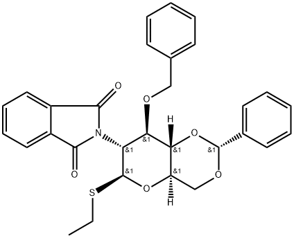 Ethyl 2-deoxy-2-(1,3-dihydro-1,3-dioxo-2H-isoindol-2-yl)-3-O-(phenylmethyl)-4,6-O-[(R)-phenylmethylene]-1-thio-beta-D-glucopyranoside Struktur