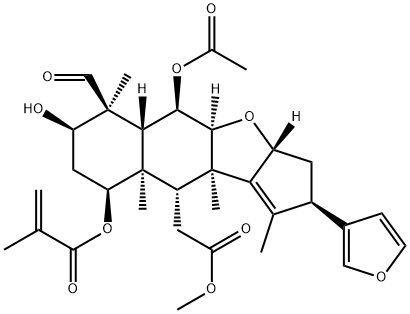 2H-Cyclopenta[b]naphtho[2,3-d]furan-10-acetic acid, 5-(acetyloxy)-6-formyl-2-(3-furanyl)-3,3a,4a,5,5a,6,7,8,9,9a,10,10a-dodecahydro-7-hydroxy-1,6,9a,10a-tetramethyl-9-[(2-methyl-1-oxo-2-propen-1-yl)oxy]-, methyl ester, (2R,3aR,4aS,5R,5aR,6S,7R,9S,9aR,10R,10aR)- Struktur