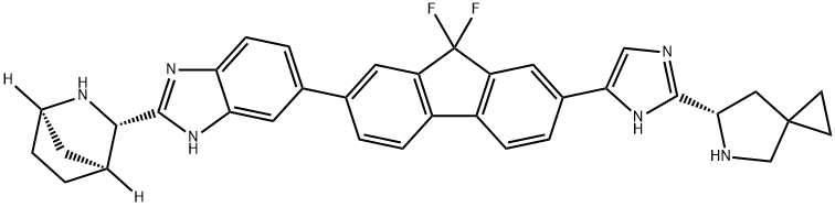 5-Azaspiro[2.4]heptane, 6-[5-[7-[2-(1R,3S,4S)-2-azabicyclo[2.2.1]hept-3-yl-1H-benzimidazol-6-yl]-9,9-difluoro-9H-fluoren-2-yl]-1H-imidazol-2-yl]-, (6S)- Struktur