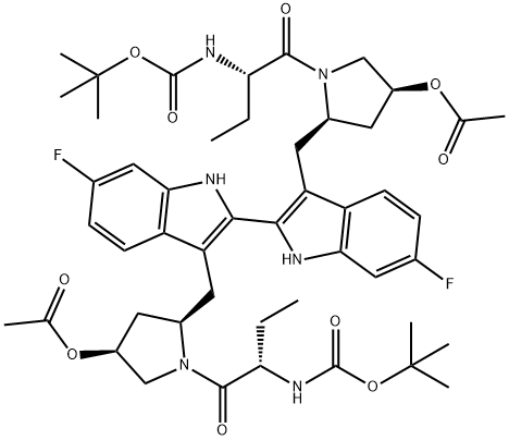 Carbamic acid, N-?[(1S)?-?1-?[[(2R,?4S)?-?4-?(acetyloxy)?-?2-?[[3'-?[[(2R,?4S)?-?4-?(acetyloxy)?-?1-?[(2S)?-?2-?[[(1,?1-?dimethylethoxy)?carbonyl]?amino]?-?1-?oxobutyl]?-?2-?pyrrolidinyl]?methyl]?-?6,?6'-?difluoro[2,?2'-?bi-?1H-?indol]?-?3-?yl]?methyl]?-?1-?pyrrolidinyl]?carbonyl]?propyl]?-?, 1,?1-?dimethylethyl ester