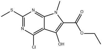 ethyl 4-chloro-5-hydroxy-7-methyl-2-(methylsulfanyl)-7H-pyrrolo[2,3-d]pyrimidine-6-carboxylate Struktur