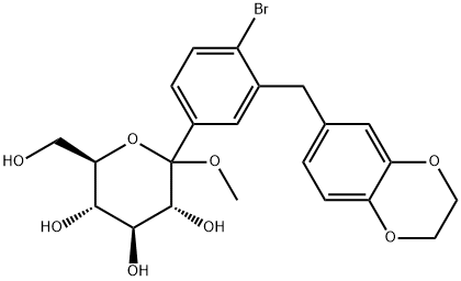 (3R,4S,5S,6R)-2-(4-bromo-3-((2,3-dihydrobenzo[b][1,4]dioxin-6-yl)meth yl)phenyl)-6-(hydroxymethyl)-2-methoxytetrahydro-2H-pyran-3,4,5-triol Struktur