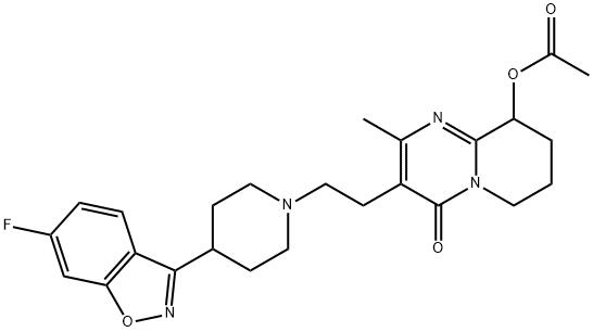 4H-Pyrido[1,2-a]pyrimidin-4-one, 9-(acetyloxy)-3-[2-[4-(6-fluoro-1,2-benzisoxazol-3-yl)-1-piperidinyl]ethyl]-6,7,8,9-tetrahydro-2-methyl- Struktur