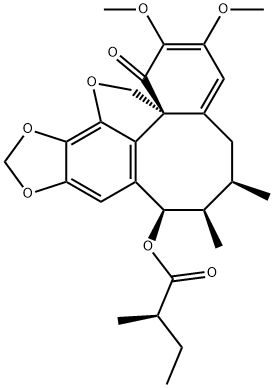 Butanoic acid, 2-methyl-, (6R,7R,8R,14aS)-5,6,7,8-tetrahydro-2,3-dimethoxy-6,7-dimethyl-1-oxo-1H,14H-benzo[1,8]cycloocta[1,2,3-cd][1,3]dioxolo[4,5-g]benzofuran-8-yl ester, (2R)- Struktur