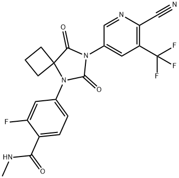 4-(7-(6-cyano-5-(trifluoromethyl)pyridin-3-yl)-6,8-dioxo-5,7-diazaspiro[3.4]octan-5-yl)-2-fluoro-N-methylbenzamide Struktur