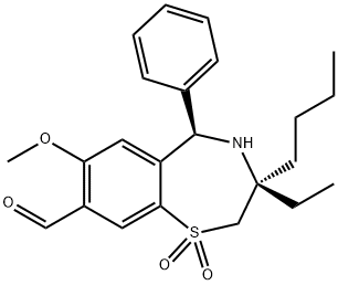 1,?4-?Benzothiazepine-?8-?carboxaldehyde, 3-?butyl-?3-?ethyl-?2,?3,?4,?5-?tetrahydro-?7-?methoxy-?5-?phenyl-?, 1,?1-?dioxide, (3R,?5R)?- Struktur