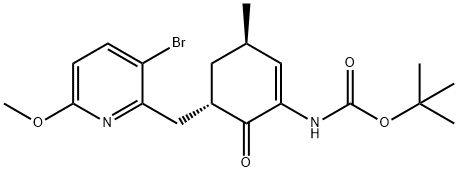 Carbamic acid, N-[(3R,5S)-5-[(3-bromo-6-methoxy-2-pyridinyl)methyl]-3-methyl-6-oxo-1-cyclohexen-1-yl]-, 1,1-dimethylethyl ester Struktur