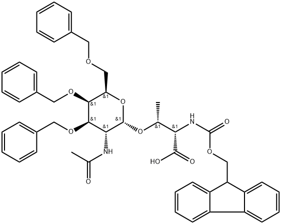 O-[2-(Acetylamino)-2-deoxy-3,4,6-tris-O-(phenylmethyl)-alpha-D-galactopyranosyl]-N-[(9H-fluoren-9-ylmethoxy)carbonyl]-L-threonine Struktur