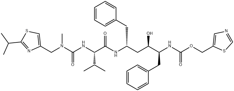 2,7,10,12-Tetraazatridecanoic acid, 4-hydroxy-12-methyl-9-(1-methylethyl)-13-[2-(1-methylethyl)-4-thiazolyl]-8,11-dioxo-3,6-bis(phenylmethyl)-, 5-thiazolylmethyl ester, (3S,4R,6R,9S)- Struktur