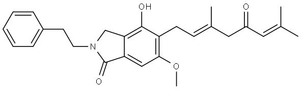 1H-Isoindol-1-one, 5-[(2E)-3,7-dimethyl-5-oxo-2,6-octadien-1-yl]-2,3-dihydro-4-hydroxy-6-methoxy-2-(2-phenylethyl)- Struktur