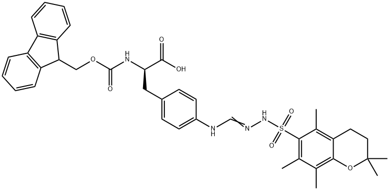 D-Phenylalanine, 4-[[[[(3,4-dihydro-2,2,5,7,8-pentamethyl-2H-1-benzopyran-6-yl)sulfonyl]amino]iminomethyl]amino]-N-[(9H-fluoren-9-ylmethoxy)carbonyl]- Struktur