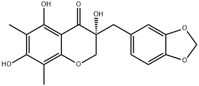 4H-1-Benzopyran-4-one, 3-(1,3-benzodioxol-5-ylmethyl)-2,3-dihydro-3,5,7-trihydroxy-6,8-dimethyl-, (3R)- Struktur