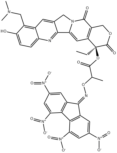 Propanoic acid, 2-[[(2,4,5,7-tetranitro-9H-fluoren-9-ylidene)amino]oxy]-, (4S)-10-[(dimethylamino)methyl]-4-ethyl-3,4,12,14-tetrahydro-9-hydroxy-3,14-dioxo-1H-pyrano[3',4':6,7]indolizino[1,2-b]quinolin-4-yl ester Struktur