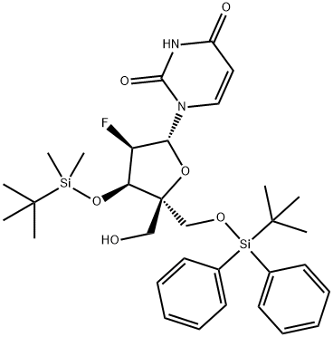 Uridine, 2'-?deoxy-?3'-?O-?[(1,?1-?dimethylethyl)?dimethylsilyl]?-?5'-?O-?[(1,?1-?dimethylethyl)?diphenylsilyl]?-?2'-?fluoro-?4'-?C-?(hydroxymethyl)?- Struktur