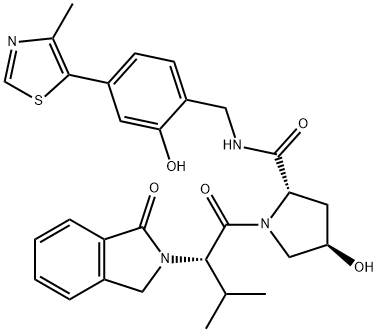 2-Pyrrolidinecarboxamide, 1-[(2S)-2-(1,3-dihydro-1-oxo-2H-isoindol-2-yl)-3-methyl-1-oxobutyl]-4-hydroxy-N-[[2-hydroxy-4-(4-methyl-5-thiazolyl)phenyl]methyl]-, (2S,4R)- Struktur