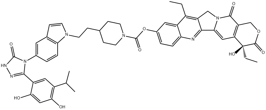 1-Piperidinecarboxylic acid, 4-[2-[5-[3-[2,4-dihydroxy-5-(1-methylethyl)phenyl]-1,5-dihydro-5-oxo-4H-1,2,4-triazol-4-yl]-1H-indol-1-yl]ethyl]-, (4S)-4,11-diethyl-3,4,12,14-tetrahydro-4-hydroxy-3,14-dioxo-1H-pyrano[3',4':6,7]indolizino[1,2-b]quinolin-9-yl ester Struktur