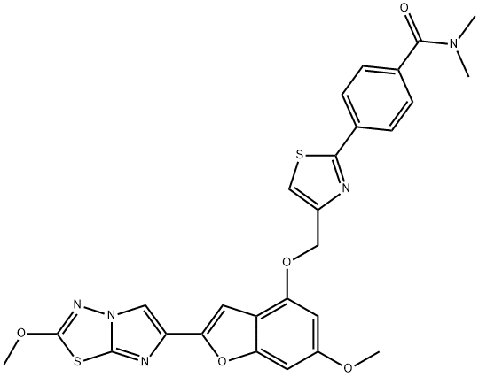 Benzamide, 4-[4-[[[6-methoxy-2-(2-methoxyimidazo[2,1-b]-1,3,4-thiadiazol-6-yl)-4-benzofuranyl]oxy]methyl]-2-thiazolyl]-N,N-dimethyl- Struktur