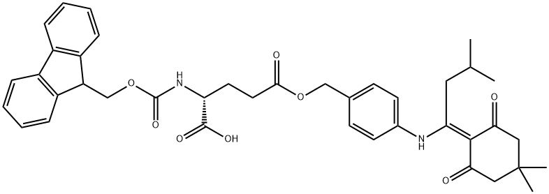 (2R)-5-[(4-{[1-(4,4-dimethyl-2,6-dioxocyclohexylidene)-3-methylbutyl]amino}phenyl)methoxy]-2-({[(9H-fluoren-9-yl)methoxy]carbonyl}amino)-5-oxopentanoic acid Struktur