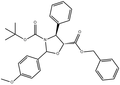 3,5-Oxazolidinedicarboxylic acid, 2-(4-methoxyphenyl)-4-phenyl-, 3-(1,1-dimethylethyl) 5-(phenylmethyl) ester, (4S,5R)- Struktur