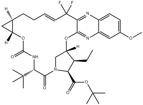 tert-butyl (33R,34S,35S,91R,92R,5S)-5-(tert-butyl)-34-ethyl-14,14-difluoro-17-methoxy-4,7-dioxo-2,8-dioxa-6-aza-1(2,3)-quinoxalina-3(3,1)-pyrrolidina-9(1,2)-cyclopropanacyclotetradecaphane-35-carboxylate Struktur