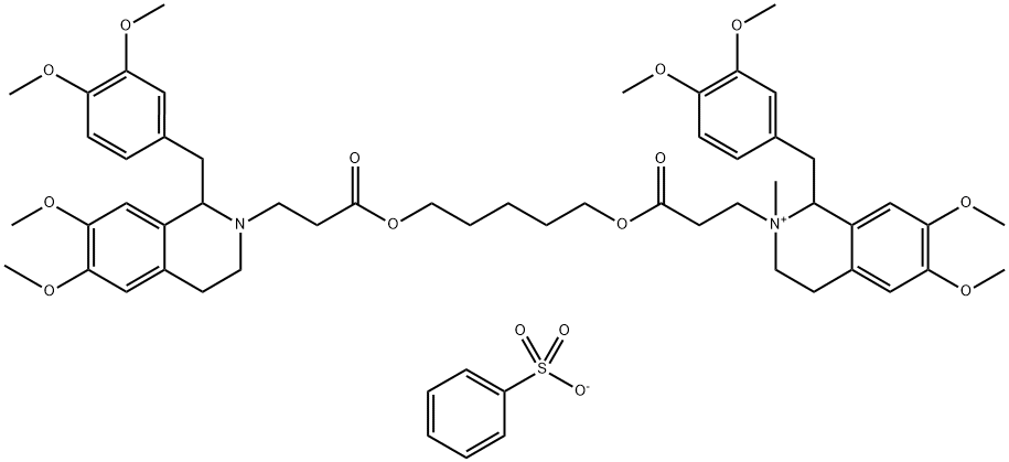 Isoquinolinium, 1-[(3,4-dimethoxyphenyl)methyl]-2-[3-[[5-[3-[1-[(3,4-dimethoxyphenyl)methyl]-3,4-dihydro-6,7-dimethoxy-2(1H)-isoquinolinyl]-1-oxopropoxy]pentyl]oxy]-3-oxopropyl]-1,2,3,4-tetrahydro-6,7-dimethoxy-2-methyl-, benzenesulfonate (1:1) Struktur