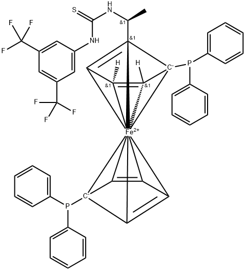 Ferrocene, 1-[(1S)-1-[[[[3,5-bis(trifluoromethyl)phenyl]amino]thioxomethyl]amino]ethyl]-1',2-bis(diphenylphosphino)-, (2S)- Struktur