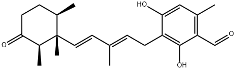 Benzaldehyde, 2,4-dihydroxy-6-methyl-3-[(2E,4E)-3-methyl-5-[(1R,2R,6R)-1,2,6-trimethyl-3-oxocyclohexyl]-2,4-pentadien-1-yl]- Struktur