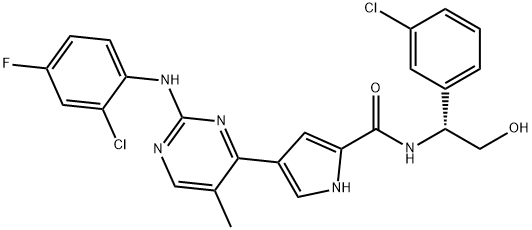 1H-Pyrrole-2-carboxamide, 4-[2-[(2-chloro-4-fluorophenyl)amino]-5-methyl-4-pyrimidinyl]-N-[(1R)-1-(3-chlorophenyl)-2-hydroxyethyl]- Struktur